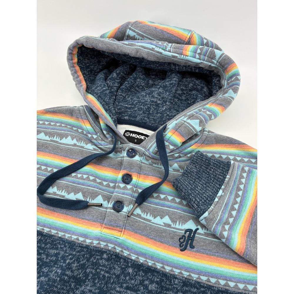 Hooey Mens Small Serape Aztec Stripe Henley Hoodie Blue Southwestern Western